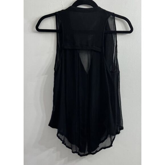 Free People Women Top Medium Black Sheer Gauzy Tunic Tank Buttons Fairy - Picture 2 of 5
